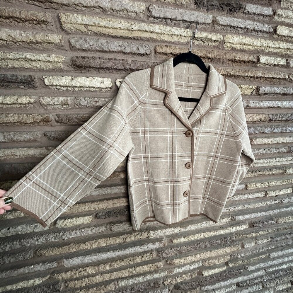 Vintage 50s Tan Cardigan Sweater Boxy Wool Double Knit Windowpane Plaid Size 10 - Picture 3 of 7